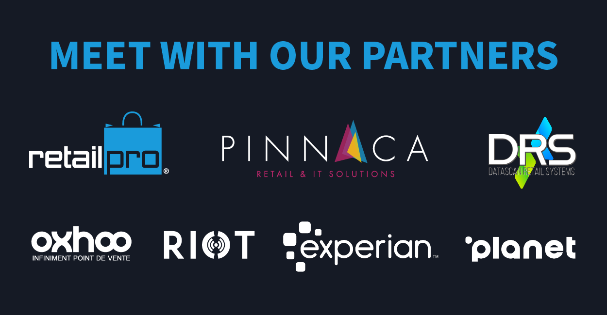 MEET OUR PARTNERS/Retail Pro logo in white and blue, Pinnaca Retail & IT solutions, Datascan Retail Systems, oxhoo Point of Sale devices, Experian, RIOT logos all in white